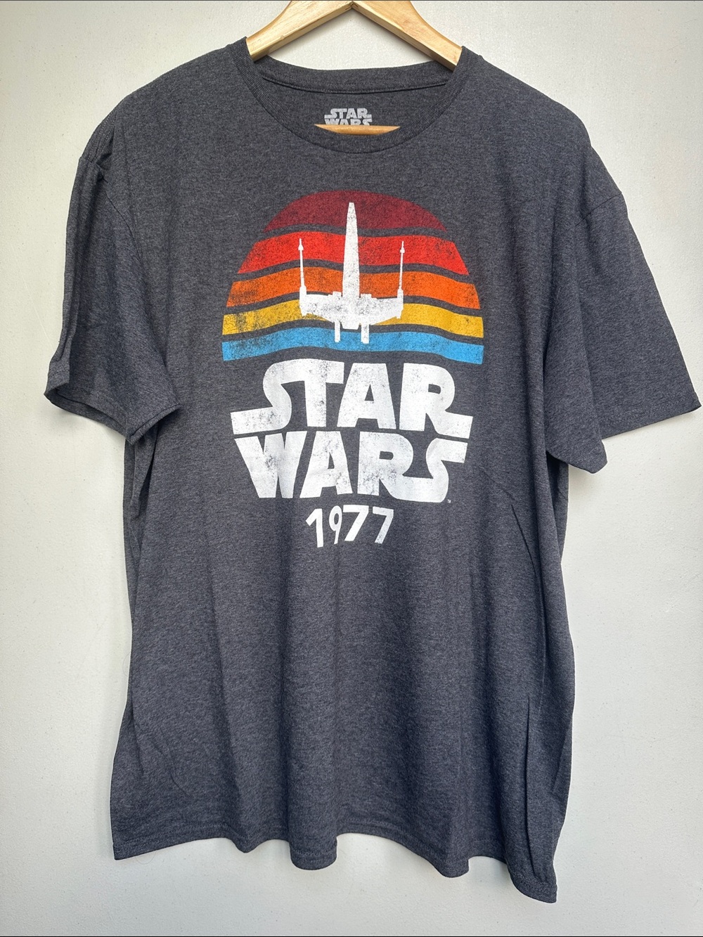 Star Wars Dark Gray Tee with Retro Red-Orange-Yellow-Blue Graphic